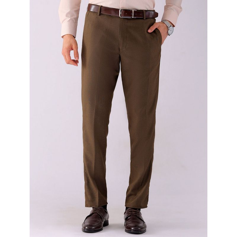 The Indian Garage Co Men Brown Slim Fit Solid Mid-Rise Stretchable Formal Trouser (34)