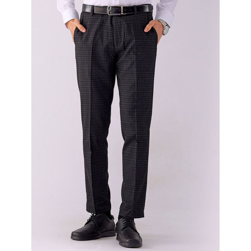 The Indian Garage Co Men Black Slim Fit Checks Mid-Rise Stretchable Formal Trouser (30)