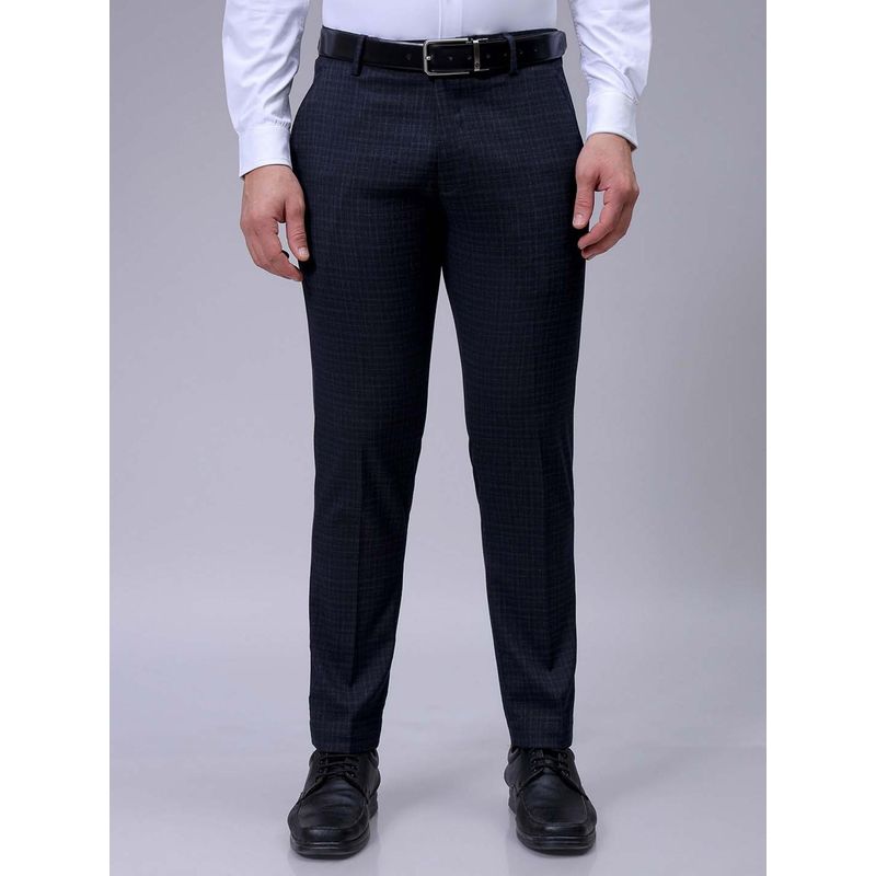 The Indian Garage Co Men Navy Blue Slim Fit Checks Mid-Rise Stretchable Formal Trouser (36)