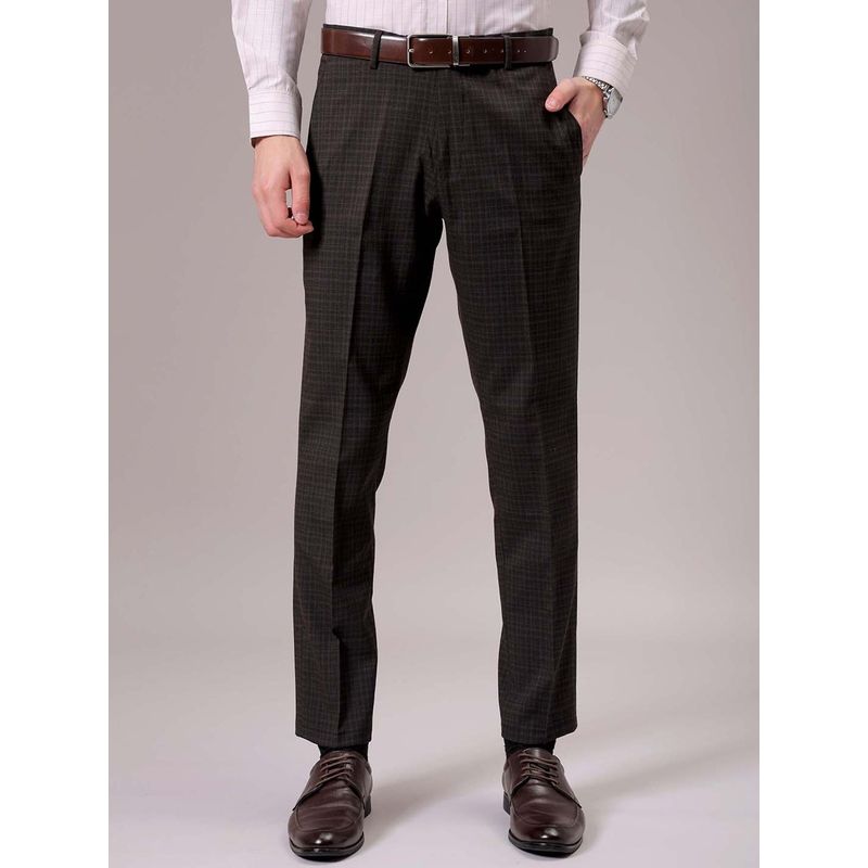 The Indian Garage Co Men Brown Slim Fit Checks Mid-Rise Stretchable Formal Trouser (30)
