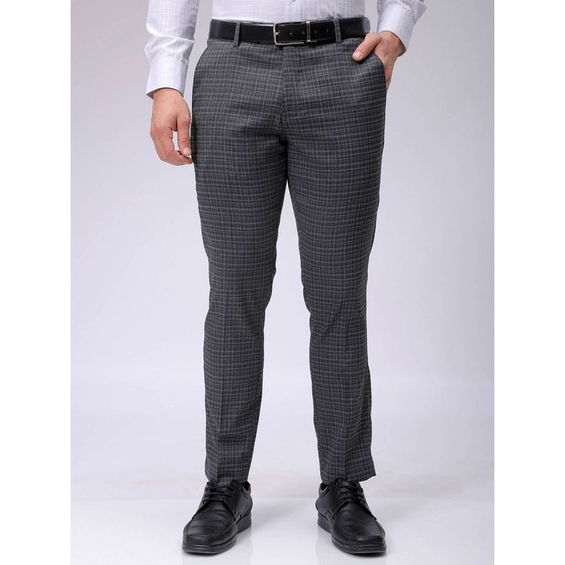 The Indian Garage Co Men Grey Slim Fit Checks Mid-Rise Stretchable Formal Trouser (30)