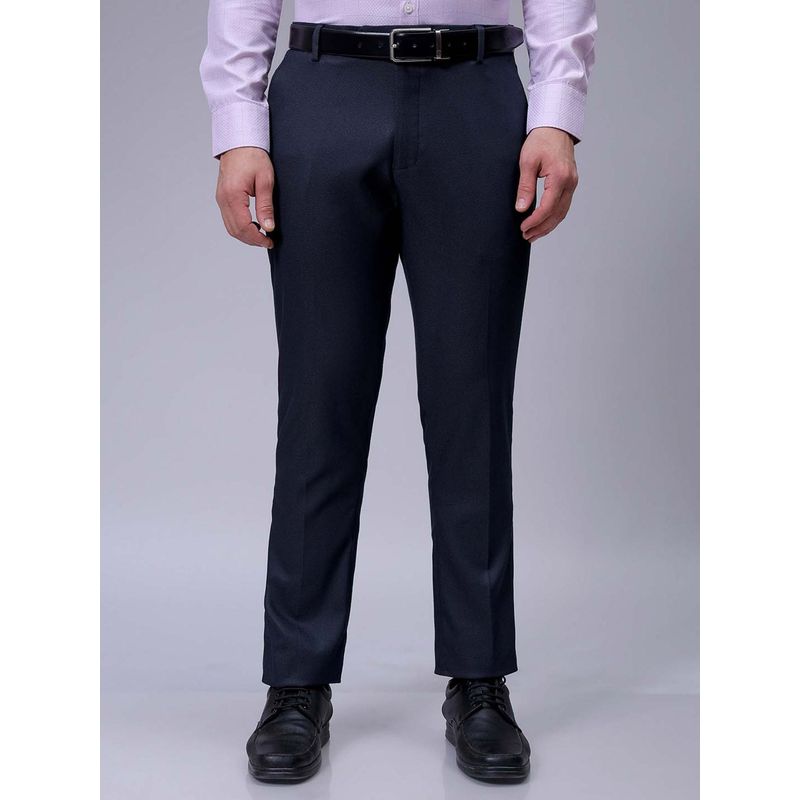 The Indian Garage Co Men Navy Blue Slim Fit Solid Mid-Rise Stretchable Formal Trouser (30)