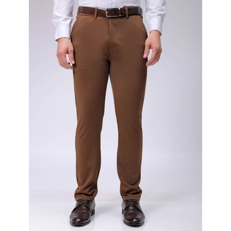 The Indian Garage Co Men Brown Slim Fit Textured Mid-Rise Stretchable Knitted Formal Trouser (30)