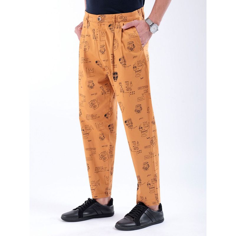 The Indian Garage Co Men Tan Relaxed Cropped Face Print Mid-Rise Stretchable Chinos (28)