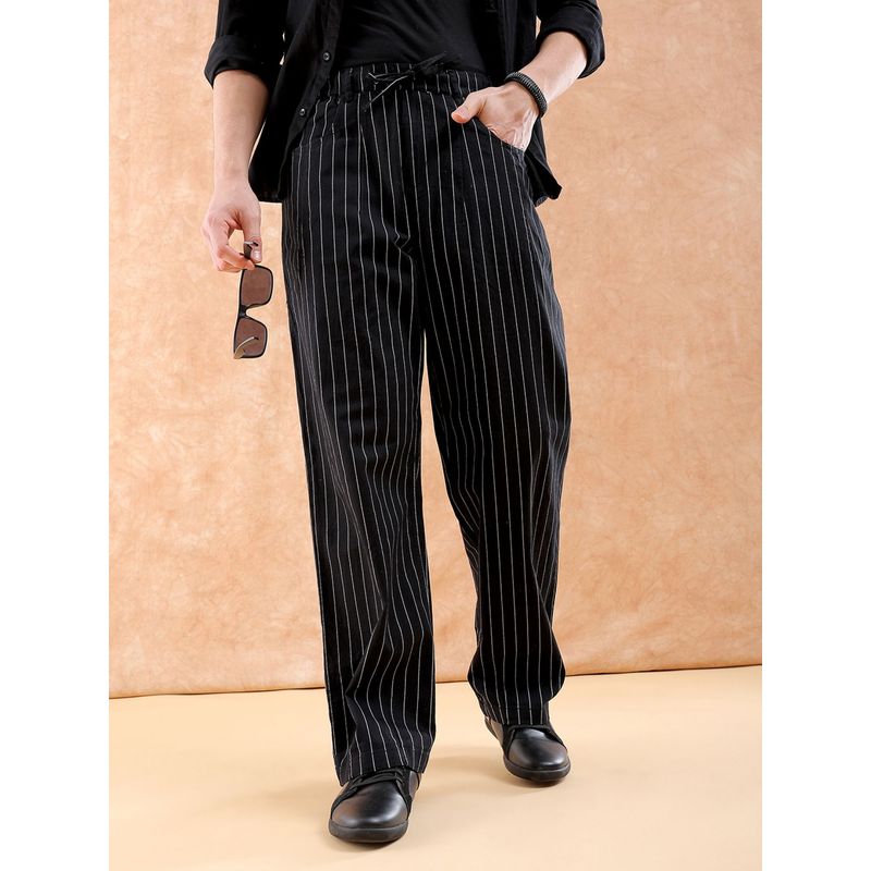 The Indian Garage Co Men Black Loose Fit Striped Mid-Rise Trouser (32)
