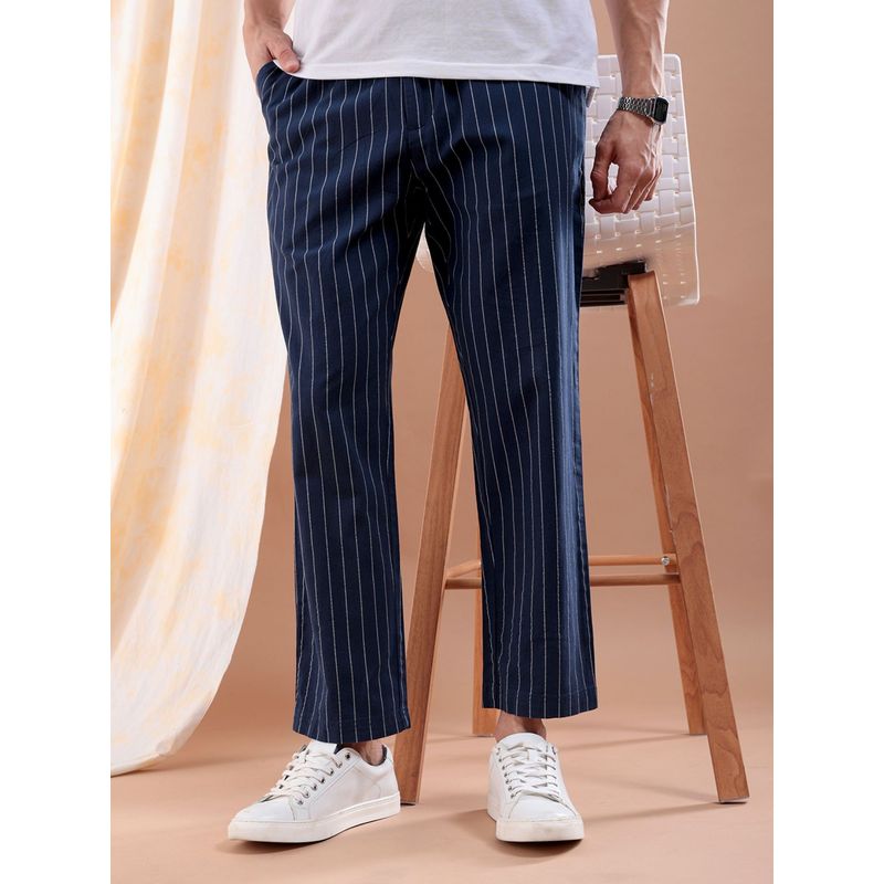 The Indian Garage Co Men Navy Blue Regular Fit Striped Mid-Rise Elasticated Trouser (34)