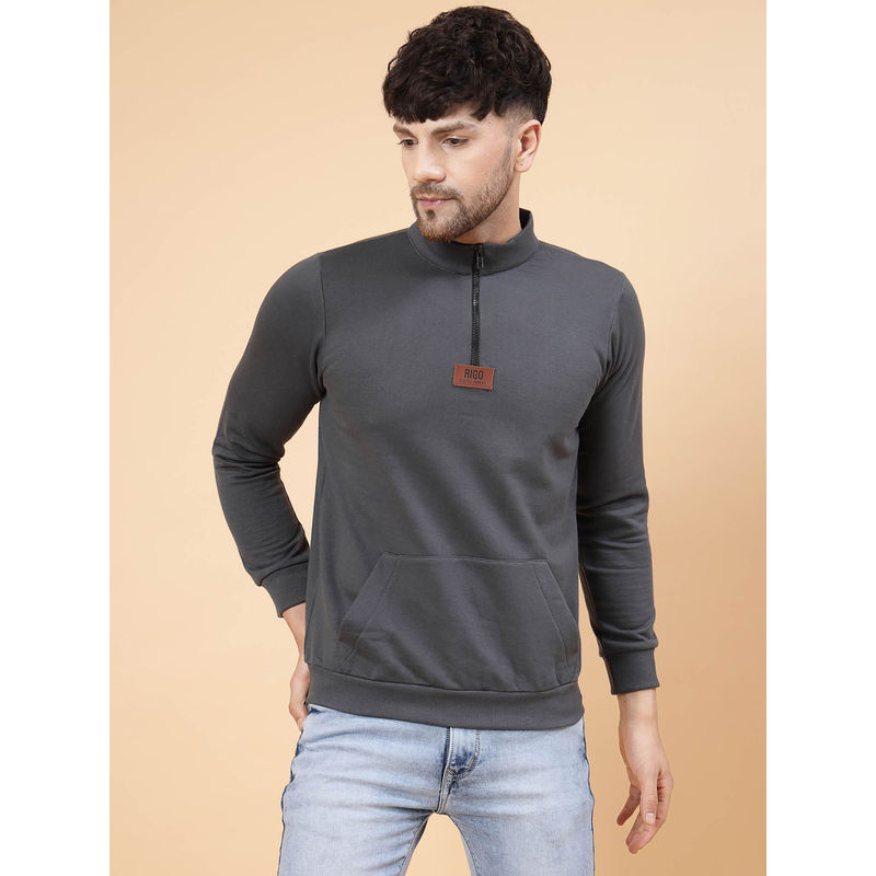 RIGO Men Grey Solid Fleece Henley Neck Sweatshirt (XL)