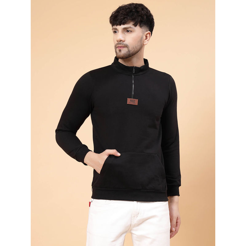 RIGO Men Black Solid Fleece Henley Neck Sweatshirt (L)