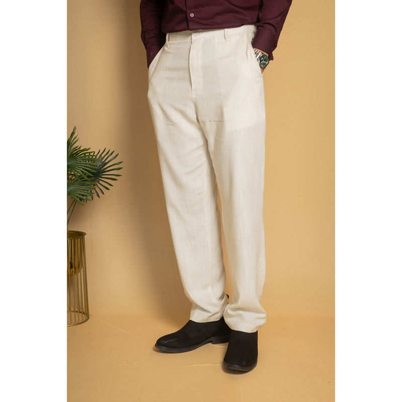 JAVINISHKA Beige Straight Fit Linen Semi Formal Pant (30)
