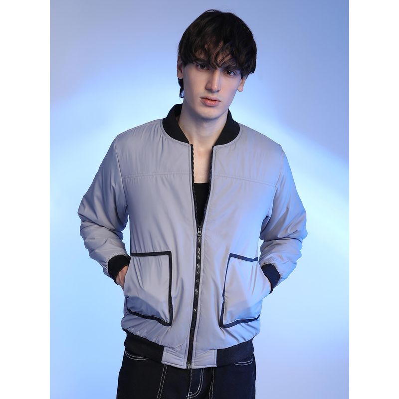Campus Sutra Light Grey Zip-Front Bomber Jacket (XL)