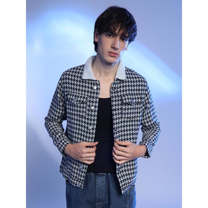 Campus Sutra Black & Grey Fleece Houndstooth Shacket (M)