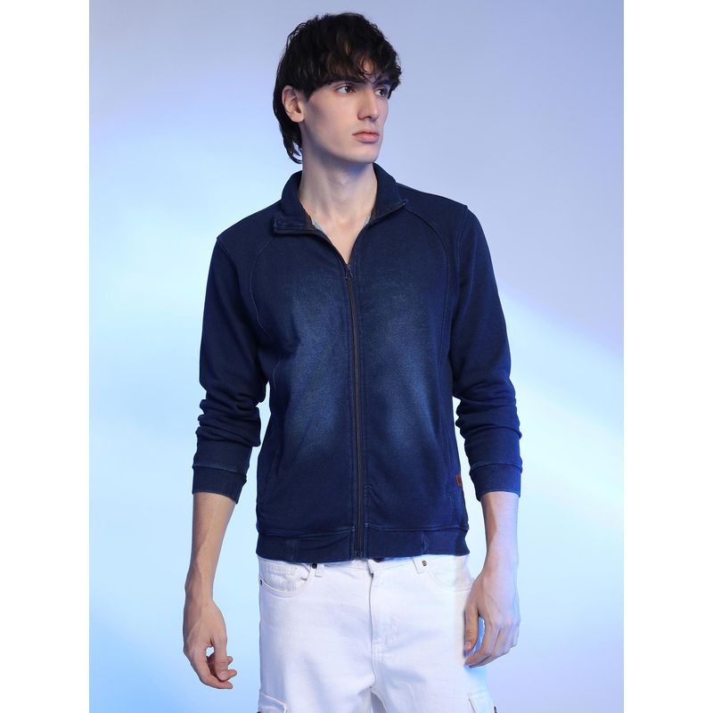 Campus Sutra Navy Blue Zip-Front Dark Wash Denim Jacket (M)