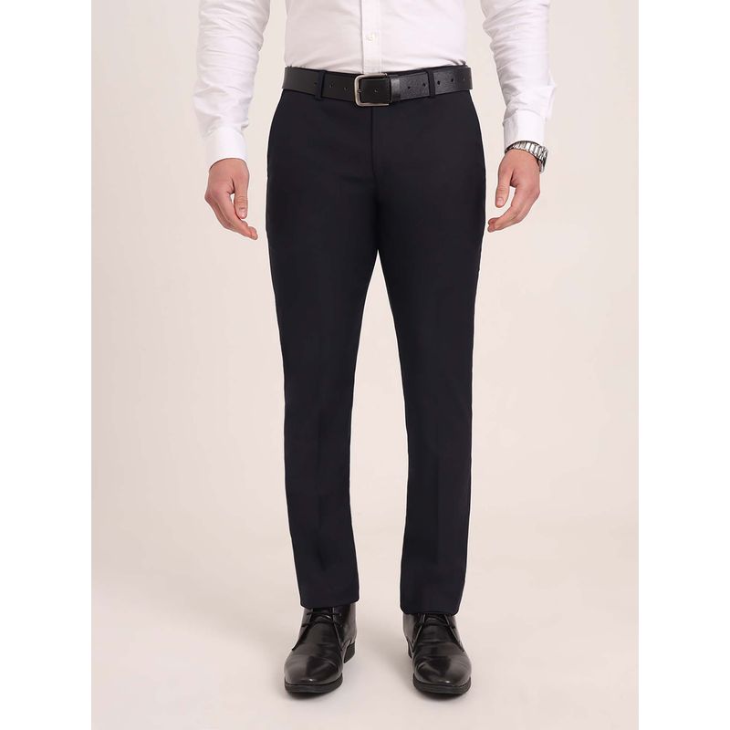 JadeBlue Navy Blue Lycra Blend Formal Trouser with Solid Pattern (34)