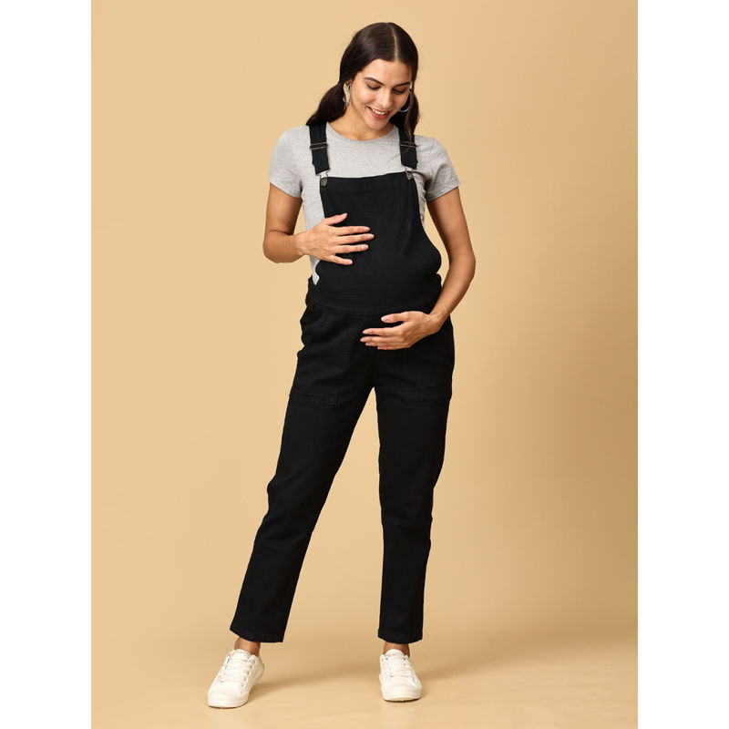 The Mom Store Elasticated Waist Black Maternity Denim Dungaree (M)