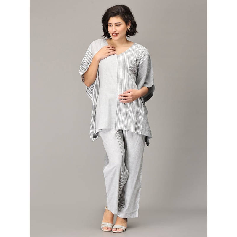 The Mom Store Muse Of Milan Striped Grey Maternity and Nursing Co-Ord (Set of 2) (S)