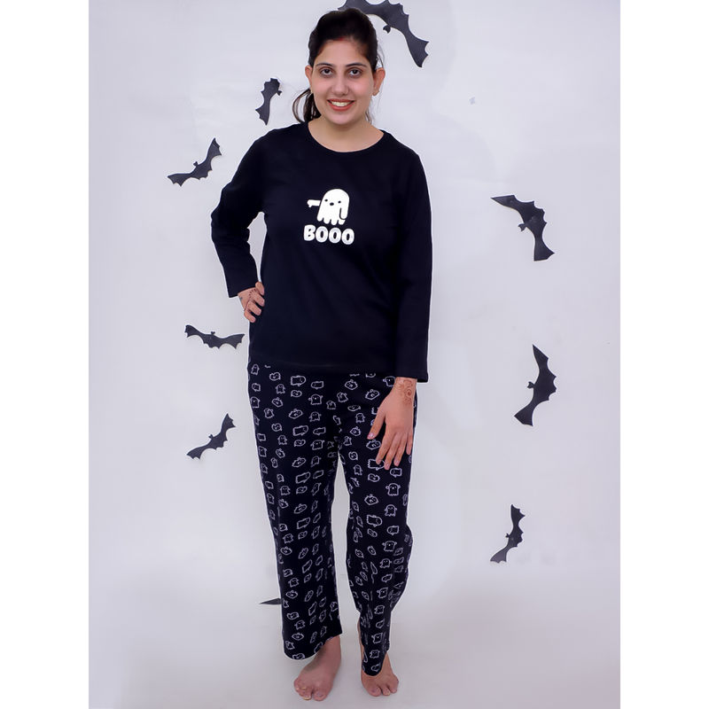 The Mom Store Boo Black Maternity T-Shirt and Pyjama (Set of 2) (L)