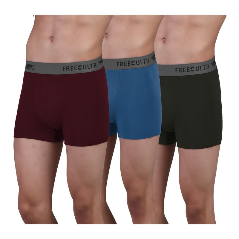 FREECULTR Men's Anti-Microbial Air-Soft Micromodal Underwear Trunk, Pack of 3 - Multi-Color (S)