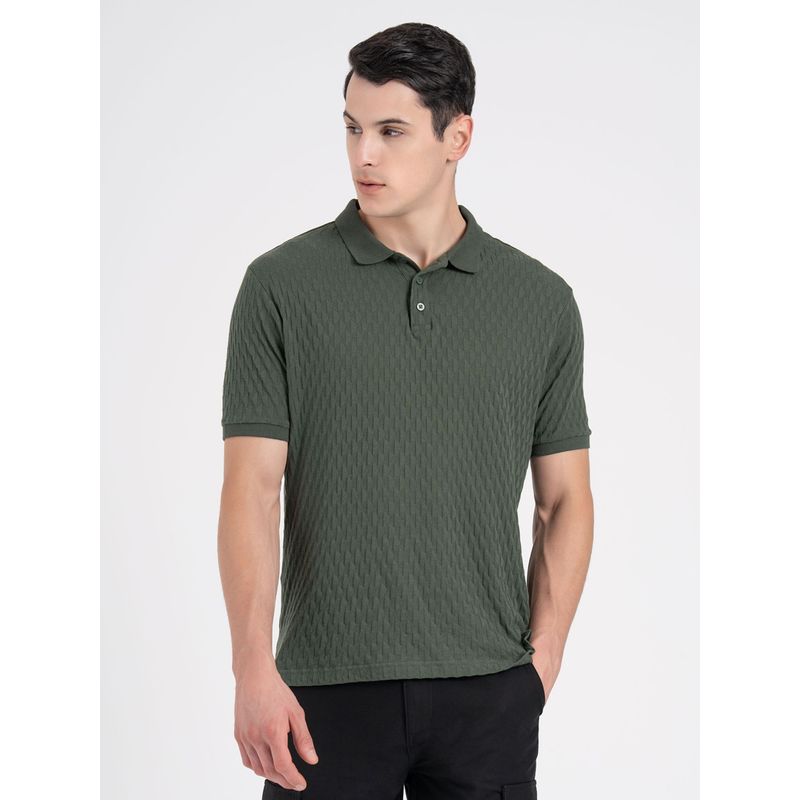 Red Tape Mens Dark Olive Pure Cotton Self Design Polo T-Shirt (2XL)