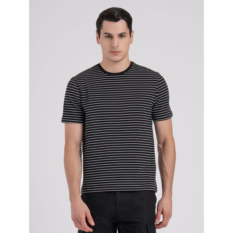 Red Tape Mens Black Poly Cotton Horizontal Stripes T-Shirt (M)