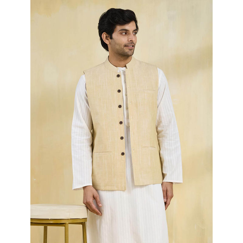 Fabindia Men Beige Solid Nehru Jacket (XS)