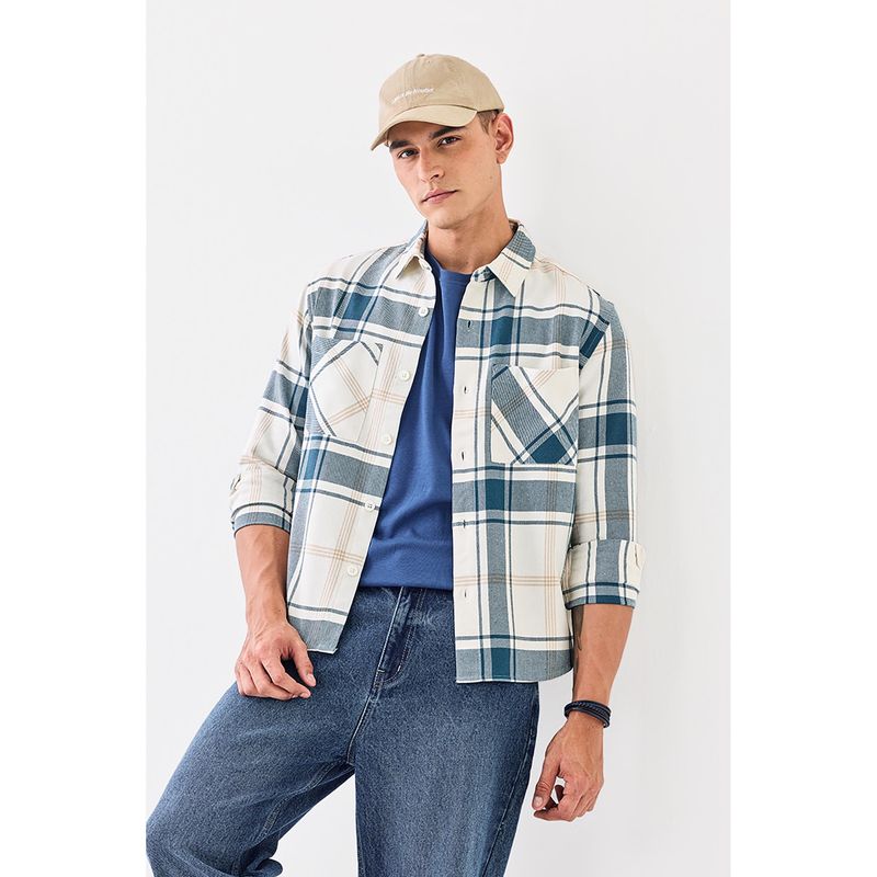 Snitch Teal Plaid Full Sleeves Relaxed Casual Overshirt for Men (L)
