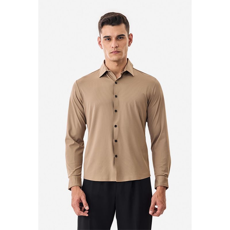 Snitch Beige Textured Full Sleeves Regular Semi Formal Shirt for Men (S)