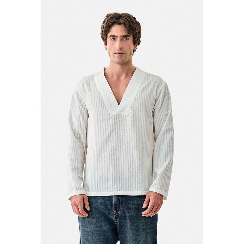 Snitch White Textured Full Sleeves Boxy Casual T-Shirt for Men (S)