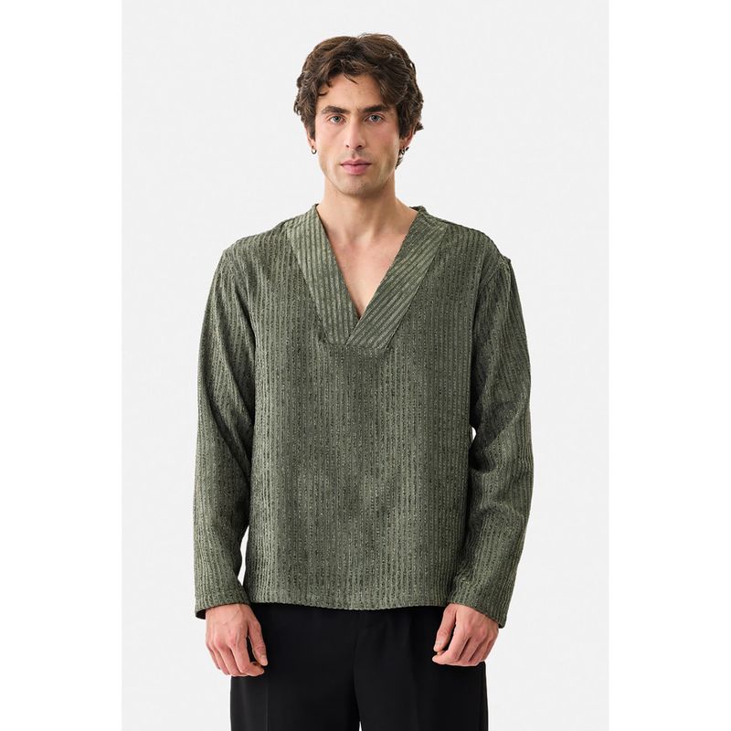 Snitch Olive Textured Full Sleeves Boxy Casual T-Shirt for Men (S)