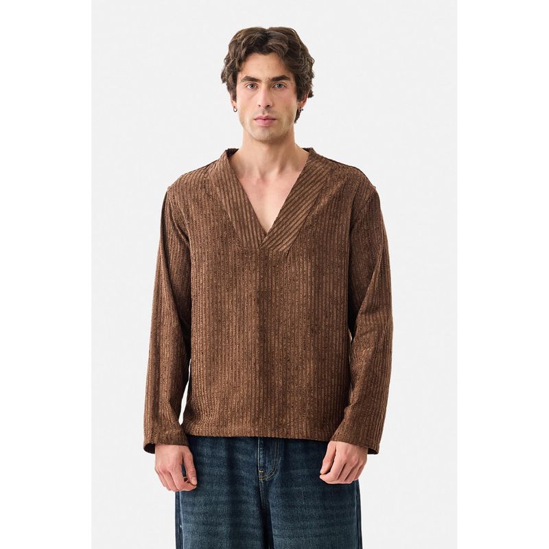 Snitch Brown Textured Full Sleeves Boxy Casual T-Shirt for Men (M)