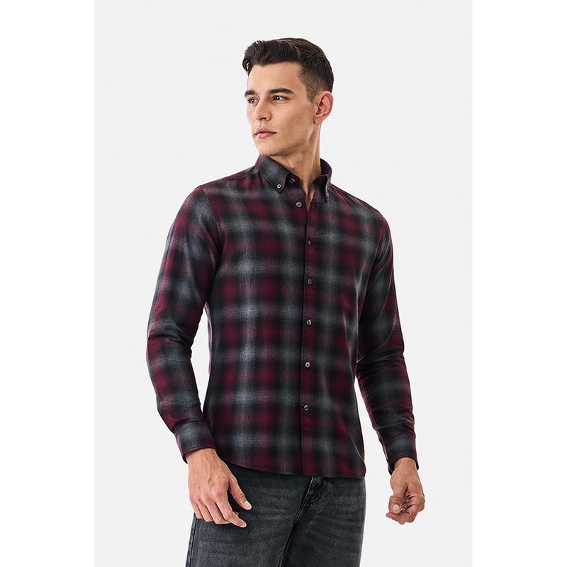 Snitch Burgundy Plaid Full Sleeves Slim Casual Shirt for Men (S)