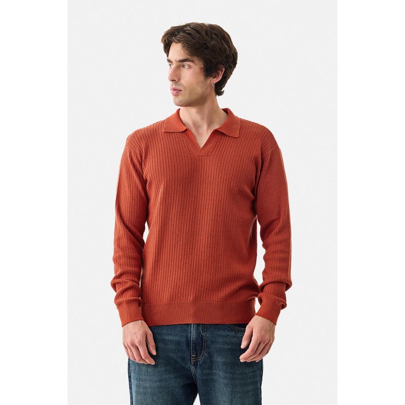 Snitch Terracotta Ribbed Full Sleeves Regular Casual Polo T-shirt for Men - Rust (M)