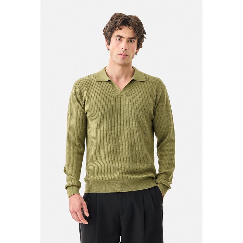 Snitch Olive Ribbed Full Sleeves Regular Casual Polo T-shirt for Men (XS)
