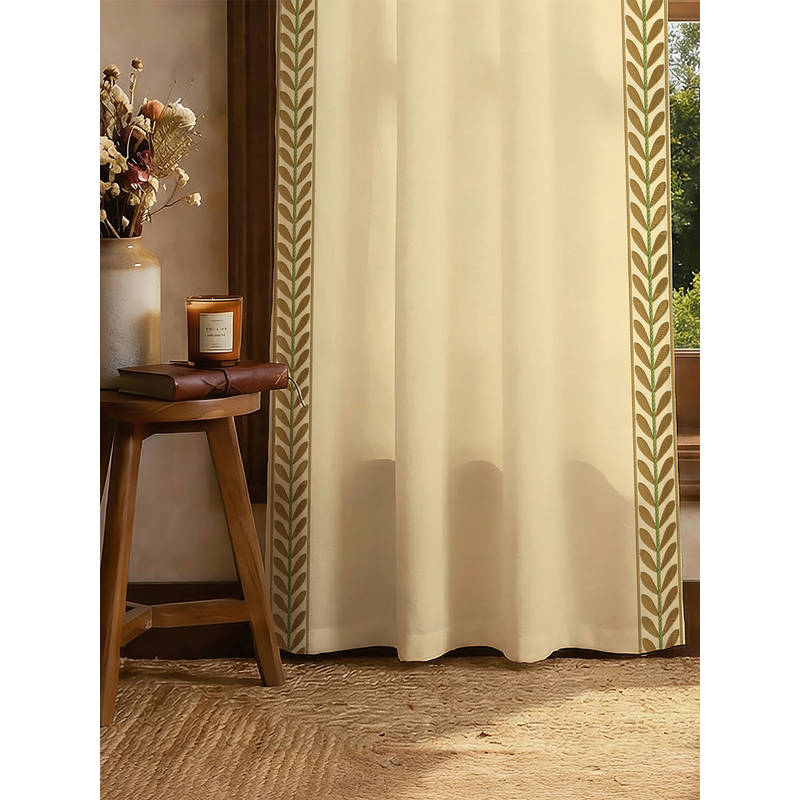 Urban Space Beige Leaves Cotton Embroidered Lace Door Curtain (7 x 4 feet)