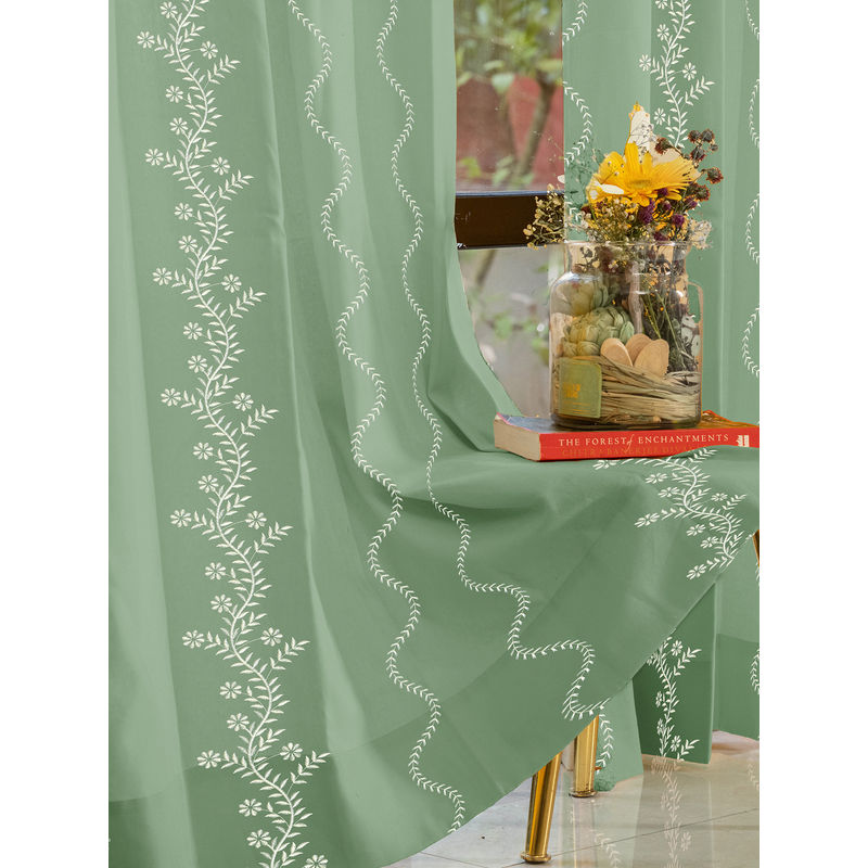 Urban Space Solara Sage Green Cotton Embroidered Window Curtain (5 x 4 feet)