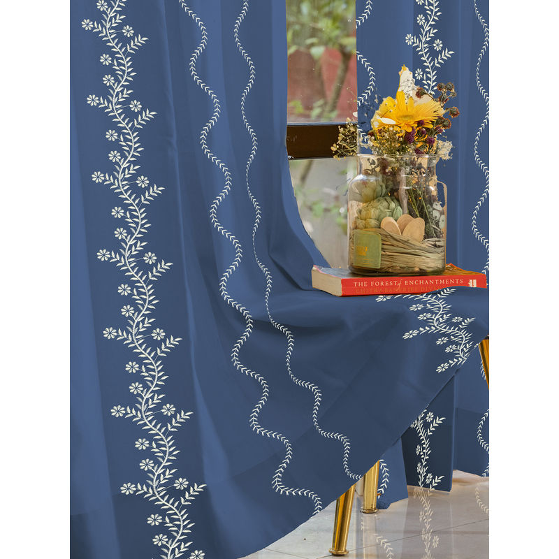 Urban Space Solara Navy Blue Cotton Embroidered Window Curtain (5 x 4 feet)