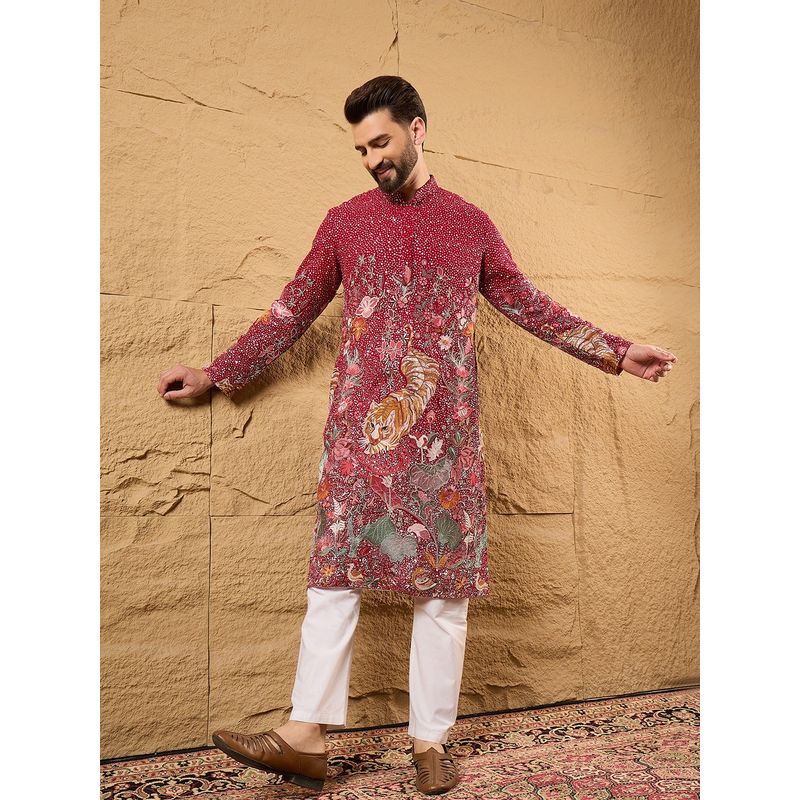 ETHNIC BAY Men Pink Georgette Embroidered Straight Kurta (S)