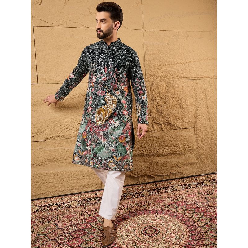 ETHNIC BAY Men Green Georgette Embroidered Straight Kurta (M)