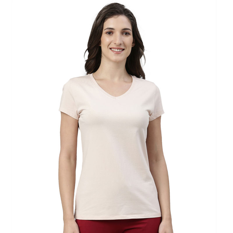 Enamor Essentials Womens E067-Short Sleeve V Neck Slim Fit Cotton Basic Tee-Rose Water - Pink (L)