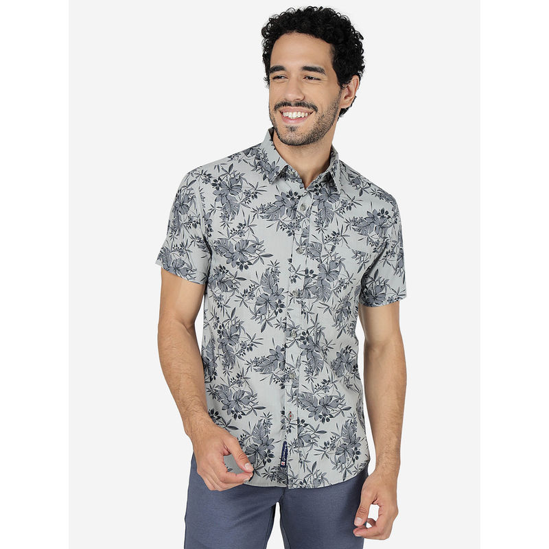 Greenfibre Men Cotton Floral Printed Grey Slim Fit Half Sleeve Casual Shirt (38)