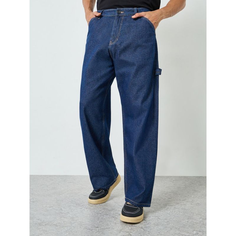 Styli Mens Patch & Embroidery Detail Navy Blue Baggy Carpenter Raw Jeans (30)