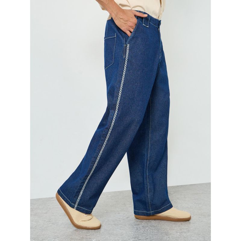 Styli Mens Contrast Stitch Embroidered Detail Navy Blue Baggy Jeans (30)