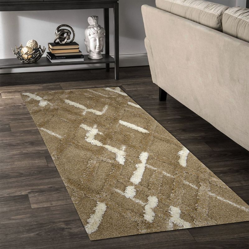 OBSESSIONS Machine Made Anti-Static Geometric Bedside Runner, Brown & Cream (2x5 Feet)