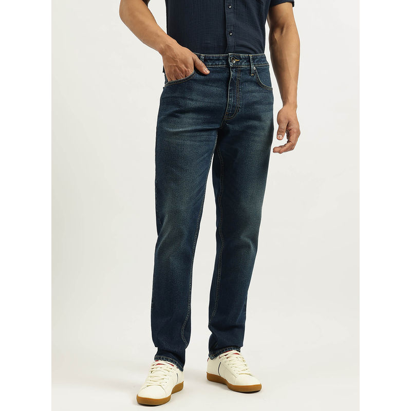 United Colors of Benetton Navy Blue Solid Straight Fit Dark Wash Tinted Jeans (38)