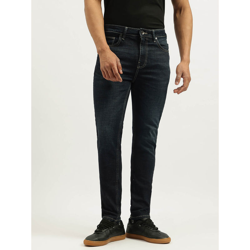United Colors of Benetton Navy Blue Solid Low Crotch Fit Dark Wash Cross Hatch Jeans (42)