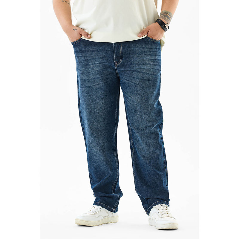 Snitch Navy Blue Washed Slim Casual Plus Size Jeans for Men (48)