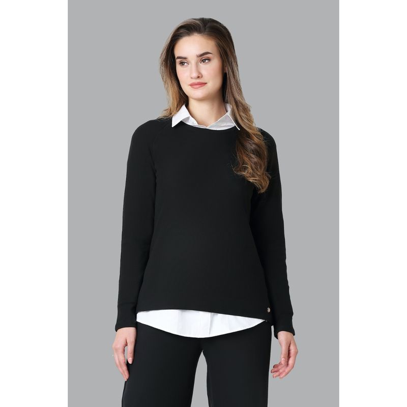 Van Heusen Athleisure Women Long Raglan Sleeve & Brushed Fleece Sweatshirt - Black (L)