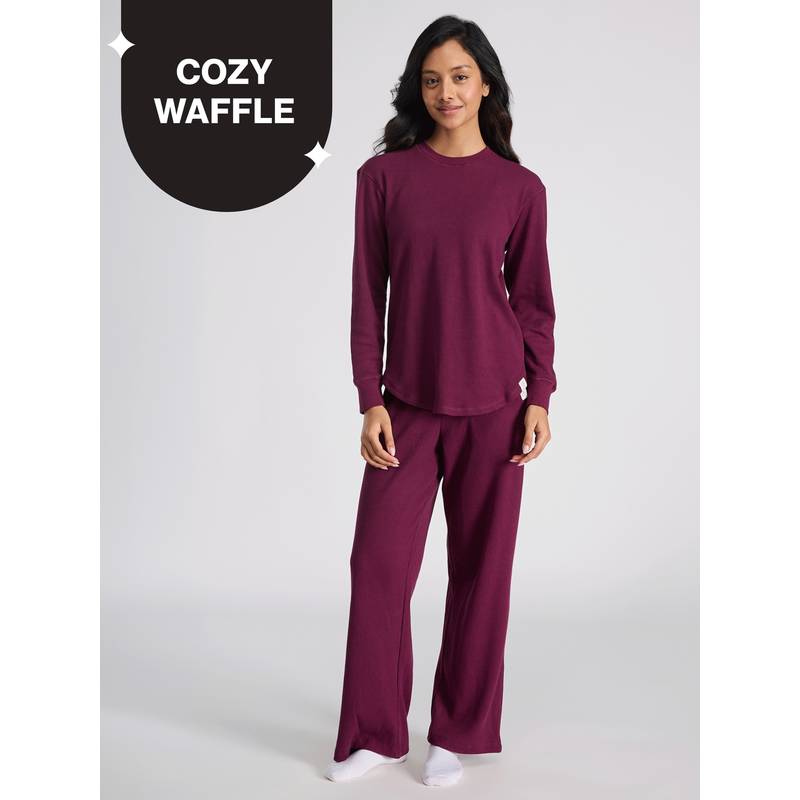 Nykd By Nykaa Waffle Pajama Set of 2 with Long Sleeved Flattering Hem Lounge Top NYS966 Wine (S)