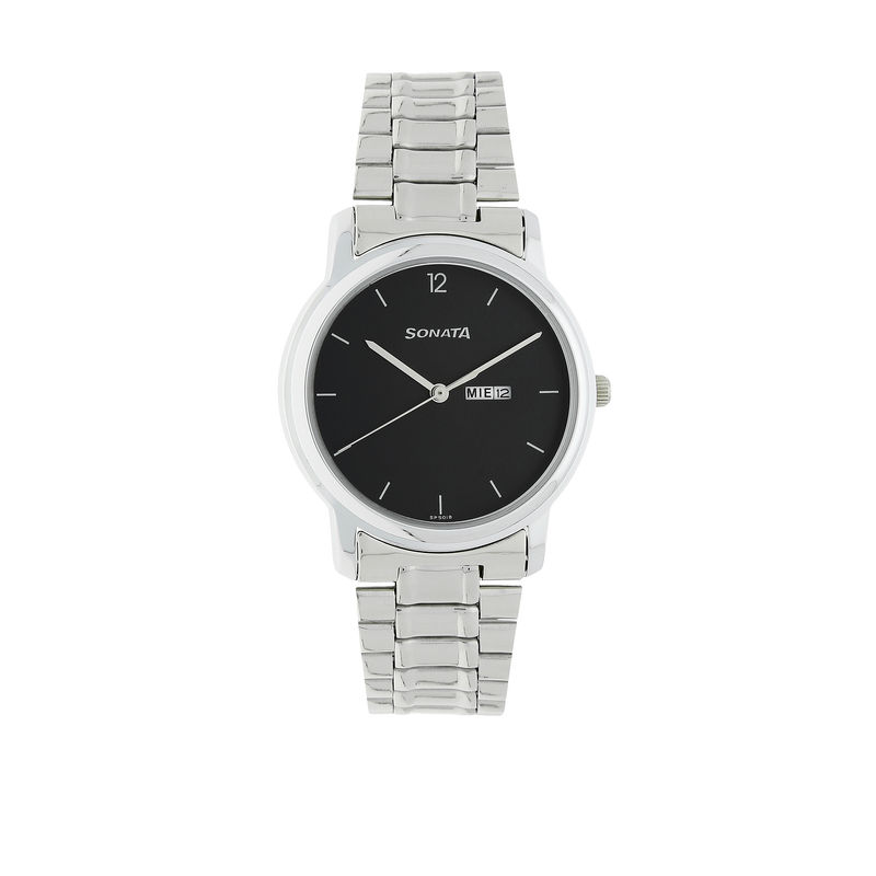 Buy Sonata Black Dial Silver Stainless Steel Strap Watch Online
