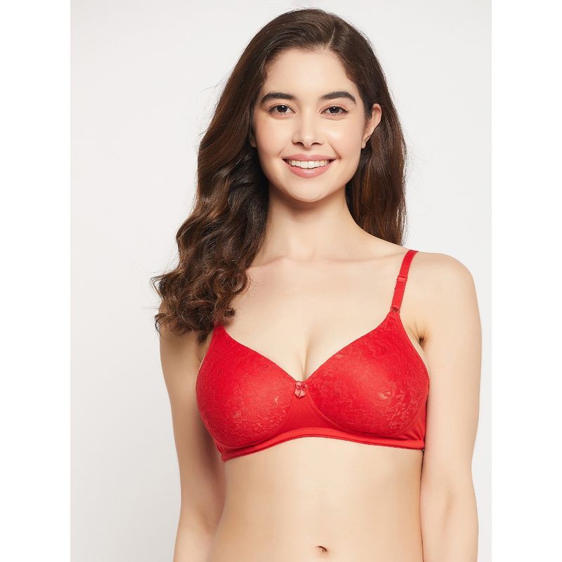 Clovia Lace Solid Padded Full Cup Wire Free Everyday Bra - Light Red (44B)