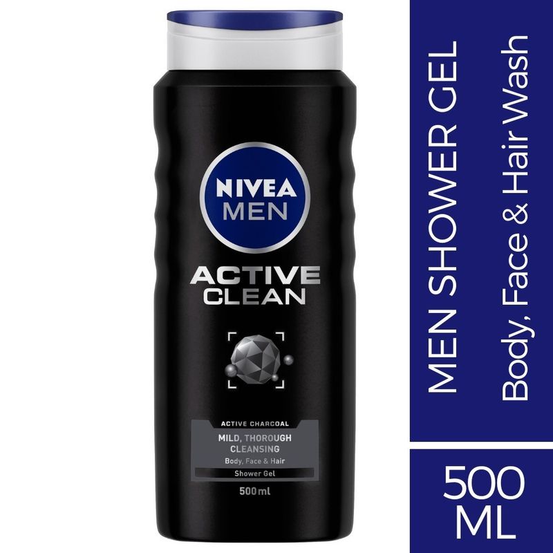 NIVEA Men Body Wash, Active Clean with Active Charcoal, Shower Gel for Body, Face & Hair